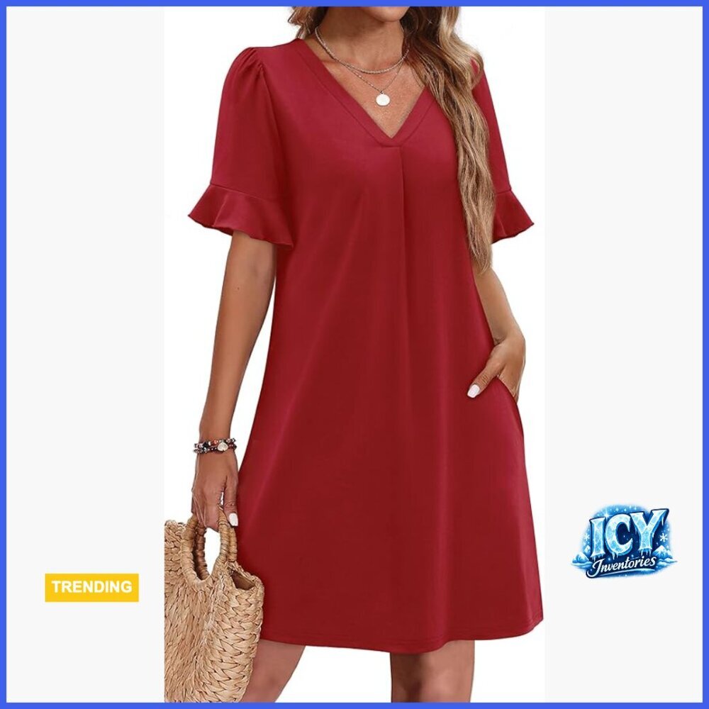 Ruffle Short Sleeve V Neck Shift Dress with Pockets Casual Summer
